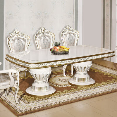 흰색 고전 고전 나무 식탁 세트 6 의자 좌석 유럽 왕실 대형 나무 고급 집 식실 세트 가구