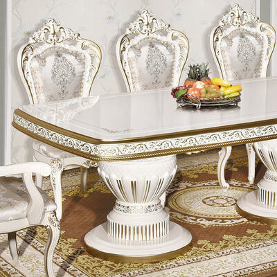 흰색 고전 고전 나무 식탁 세트 6 의자 좌석 유럽 왕실 대형 나무 고급 집 식실 세트 가구