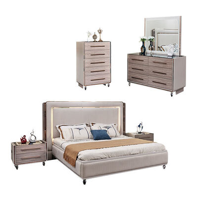 킹 사이즈 LED 헤드보드 럭셔리 가죽 침실 침실 세트 목조 프레임 현대 가정 객실 듀블 전체 침실 가구 세트