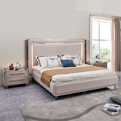킹 사이즈 LED 헤드보드 럭셔리 가죽 침실 침실 세트 목조 프레임 현대 가정 객실 듀블 전체 침실 가구 세트