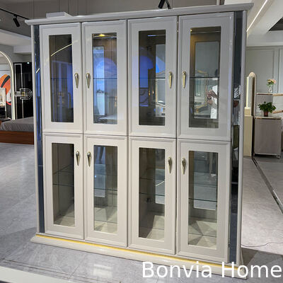 흰색 고급 나무 식탁과 의자 세트 6석 집 가구 식탁 식탁 옆구리 와인 캐비닛과 식탁