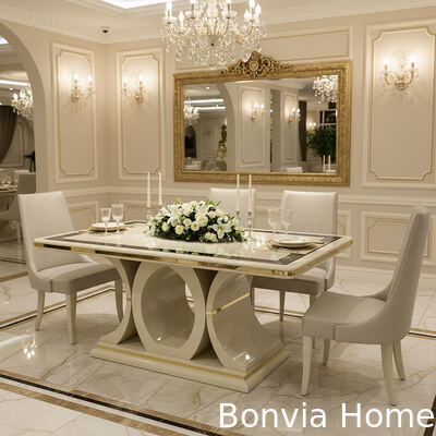 흰색 고급 나무 식탁과 의자 세트 6석 집 가구 식탁 식탁 옆구리 와인 캐비닛과 식탁